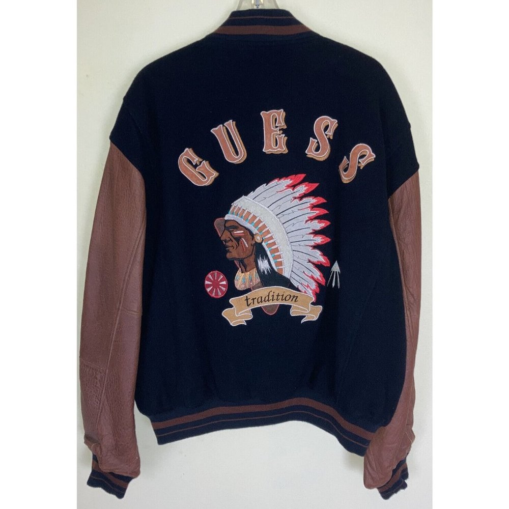 Vintage 90s Guess Indian Head Wool Bomber Varsity Jacket Men’s L Leather Sleeves
